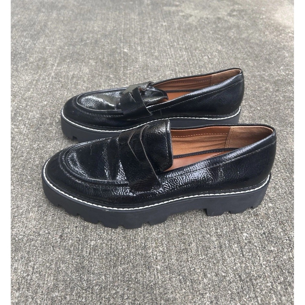 Franco Sarto Balin Black Crinkled Patent Lug Sole Penny Loafers W 7M Platform